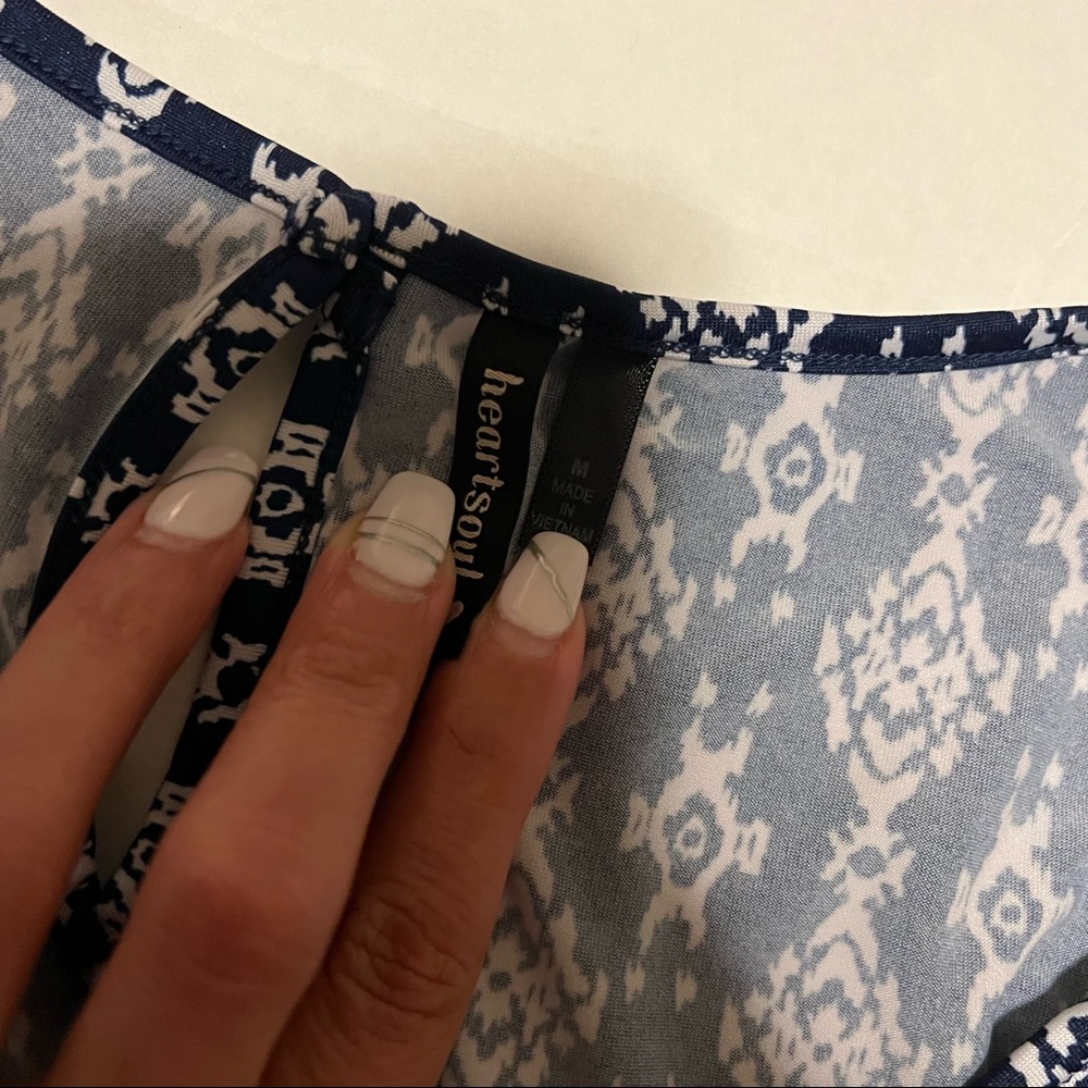Navy Blue Pattern Scoop Ruffle Neck Blouse - Picture 6 of 6
